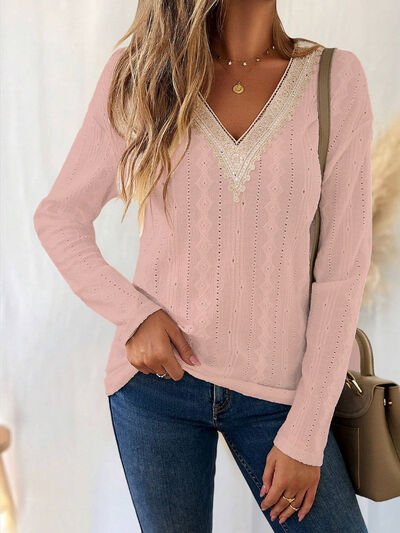 Eyelet V - Neck Dropped Shoulder T-Shirt - Loulou Boutique