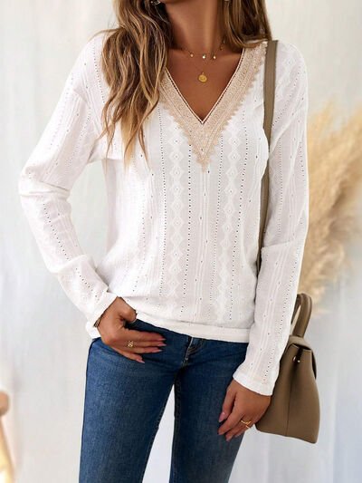 Eyelet V - Neck Dropped Shoulder T-Shirt - Loulou Boutique