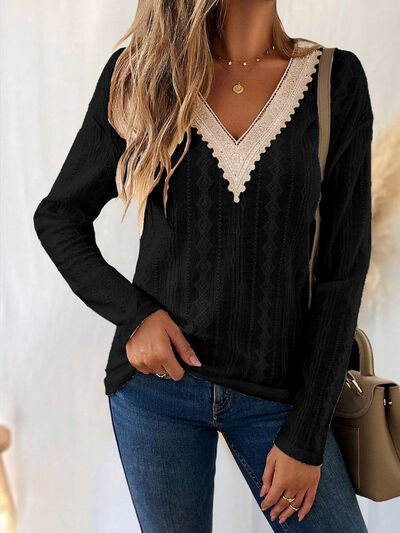 Eyelet V - Neck Dropped Shoulder T-Shirt - Loulou Boutique