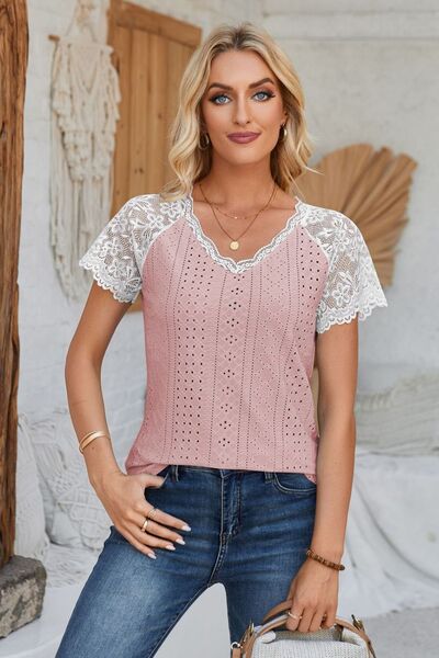 Eyelet V - Neck Lace Short Sleeve T-Shirt - Loulou Boutique