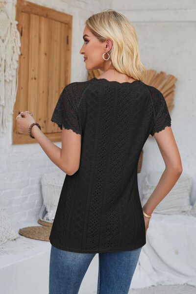 Eyelet V - Neck Lace Short Sleeve T-Shirt - Loulou Boutique