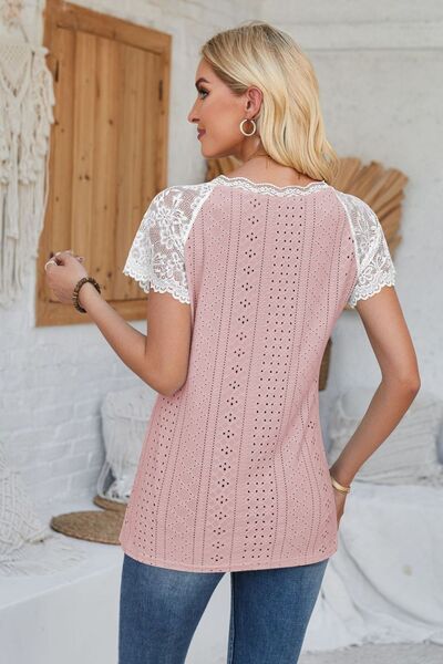 Eyelet V - Neck Lace Short Sleeve T-Shirt - Loulou Boutique