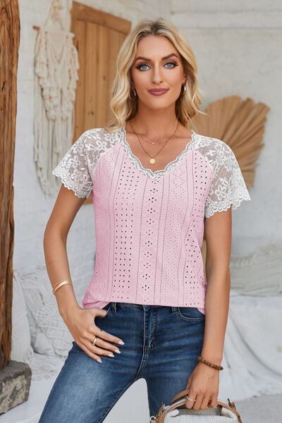Eyelet V - Neck Lace Short Sleeve T-Shirt - Loulou Boutique