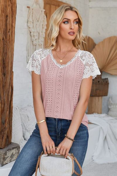 Eyelet V - Neck Lace Short Sleeve T-Shirt - Loulou Boutique