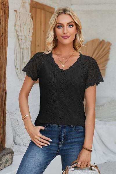 Eyelet V - Neck Lace Short Sleeve T-Shirt - Loulou Boutique