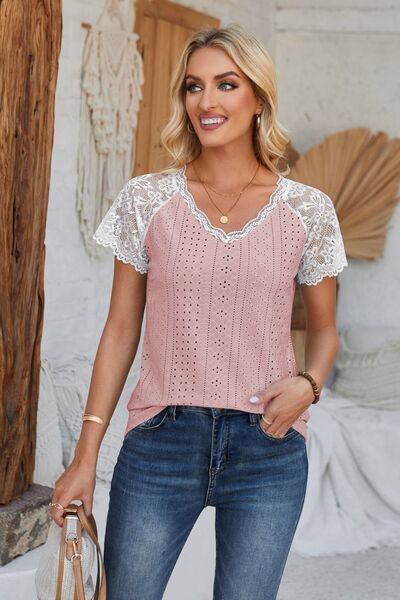 Eyelet V - Neck Lace Short Sleeve T-Shirt - Loulou Boutique