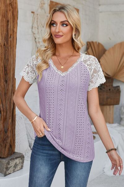 Eyelet V - Neck Lace Short Sleeve T-Shirt - Loulou Boutique