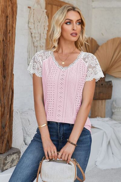 Eyelet V - Neck Lace Short Sleeve T-Shirt - Loulou Boutique