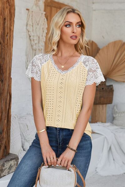 Eyelet V - Neck Lace Short Sleeve T-Shirt - Loulou Boutique