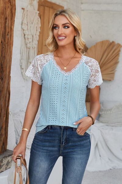 Eyelet V - Neck Lace Short Sleeve T-Shirt - Loulou Boutique