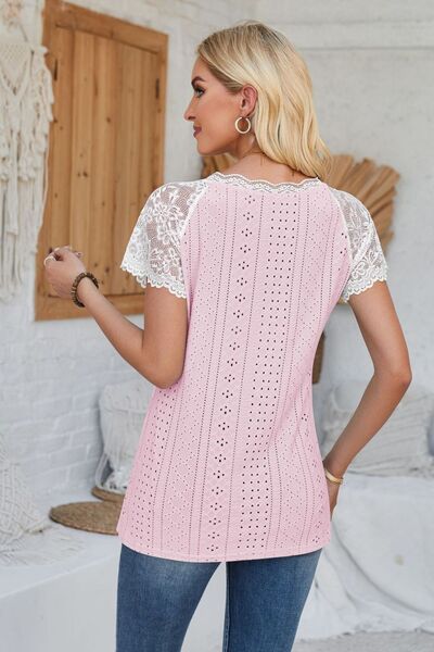 Eyelet V - Neck Lace Short Sleeve T-Shirt - Loulou Boutique