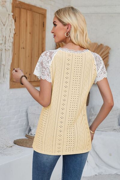 Eyelet V - Neck Lace Short Sleeve T-Shirt - Loulou Boutique