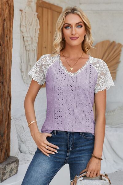 Eyelet V - Neck Lace Short Sleeve T-Shirt - Loulou Boutique
