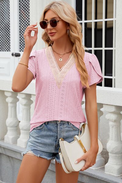 Eyelet V - Neck Petal Sleeve T-Shirt - Loulou Boutique