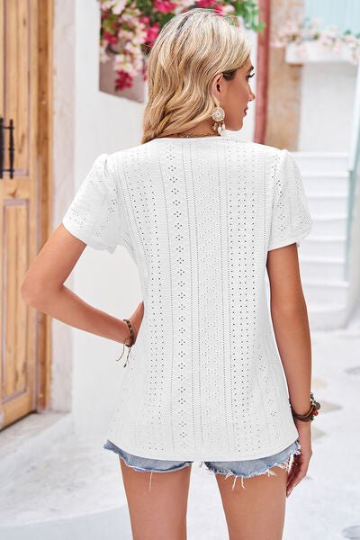 Eyelet V - Neck Petal Sleeve T-Shirt - Loulou Boutique
