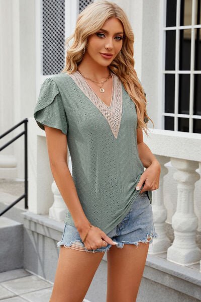 Eyelet V - Neck Petal Sleeve T-Shirt - Loulou Boutique