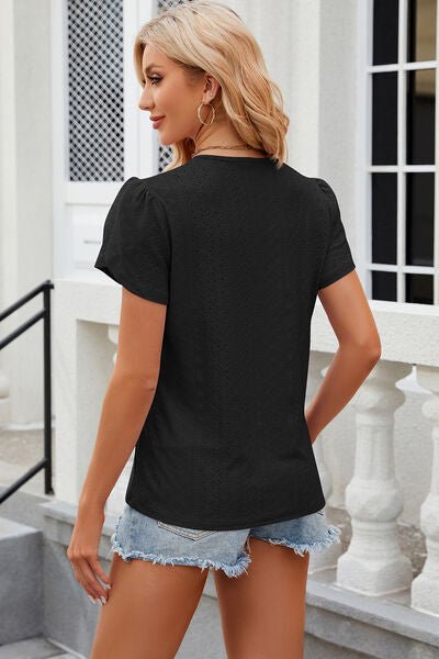 Eyelet V - Neck Petal Sleeve T-Shirt - Loulou Boutique