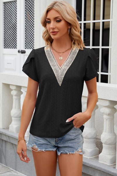 Eyelet V - Neck Petal Sleeve T-Shirt - Loulou Boutique