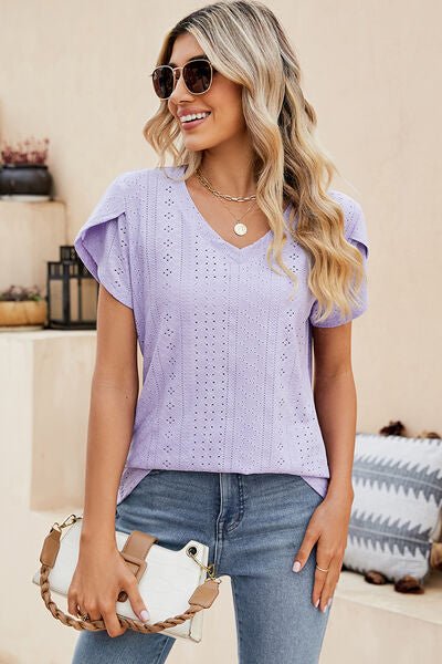 Eyelet V - Neck Petal Sleeve T-Shirt - Loulou Boutique