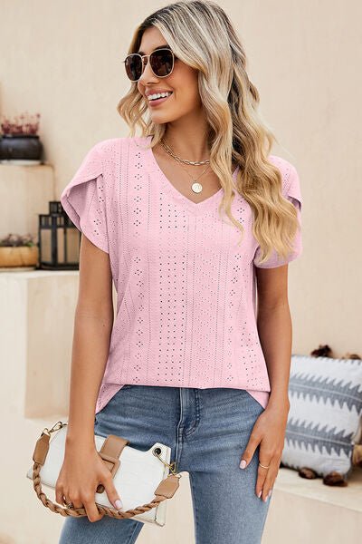 Eyelet V - Neck Petal Sleeve T-Shirt - Loulou Boutique