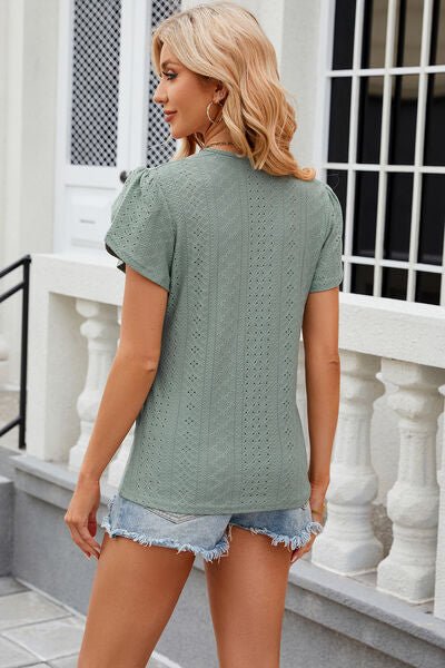 Eyelet V - Neck Petal Sleeve T-Shirt - Loulou Boutique