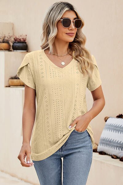 Eyelet V - Neck Petal Sleeve T-Shirt - Loulou Boutique