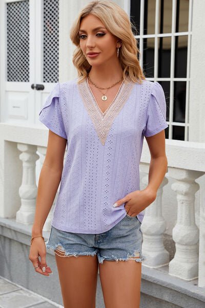 Eyelet V - Neck Petal Sleeve T-Shirt - Loulou Boutique