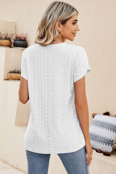 Eyelet V - Neck Petal Sleeve T-Shirt - Loulou Boutique
