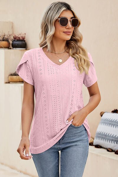 Eyelet V - Neck Petal Sleeve T-Shirt - Loulou Boutique