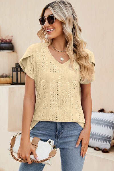 Eyelet V - Neck Petal Sleeve T-Shirt - Loulou Boutique
