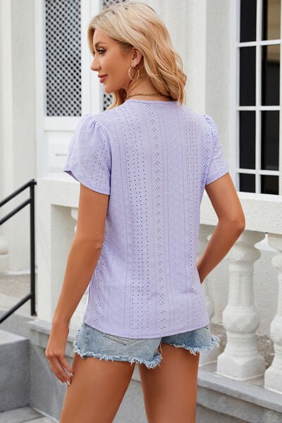 Eyelet V - Neck Petal Sleeve T-Shirt - Loulou Boutique