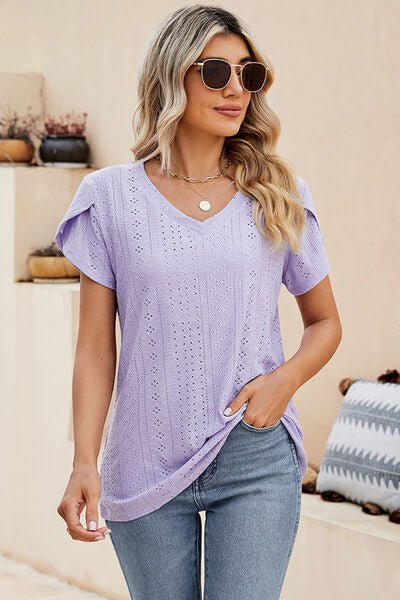 Eyelet V - Neck Petal Sleeve T-Shirt - Loulou Boutique