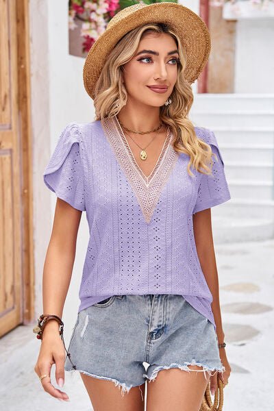 Eyelet V - Neck Petal Sleeve T-Shirt - Loulou Boutique