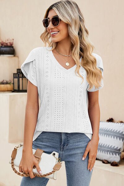 Eyelet V - Neck Petal Sleeve T-Shirt - Loulou Boutique