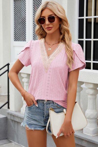 Eyelet V - Neck Petal Sleeve T-Shirt - Loulou Boutique
