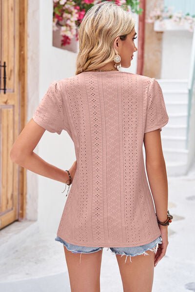 Eyelet V - Neck Petal Sleeve T-Shirt - Loulou Boutique