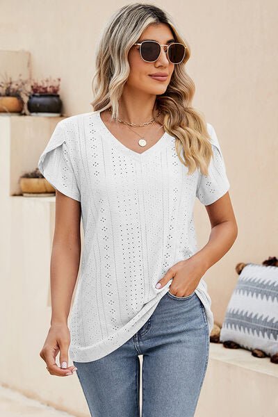 Eyelet V - Neck Petal Sleeve T-Shirt - Loulou Boutique