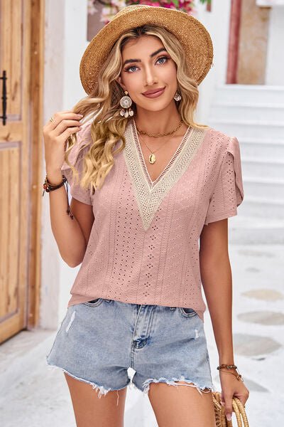 Eyelet V - Neck Petal Sleeve T-Shirt - Loulou Boutique