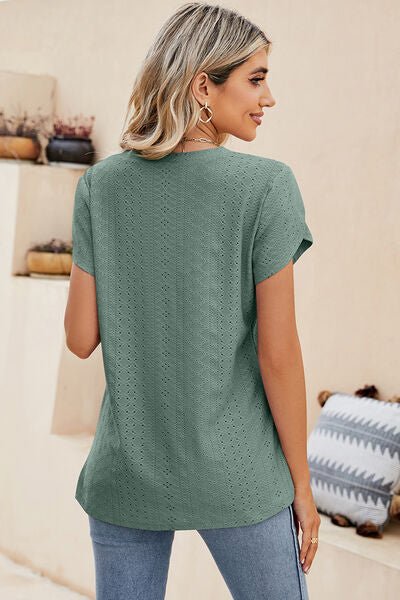 Eyelet V - Neck Petal Sleeve T-Shirt - Loulou Boutique
