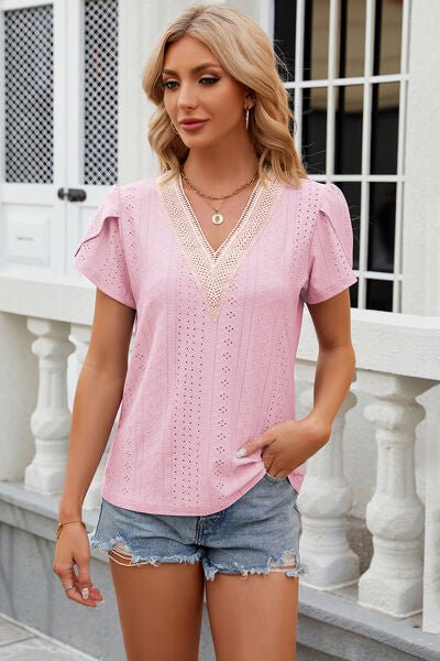 Eyelet V - Neck Petal Sleeve T-Shirt - Loulou Boutique