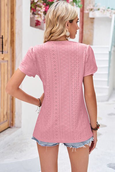 Eyelet V - Neck Petal Sleeve T-Shirt - Loulou Boutique