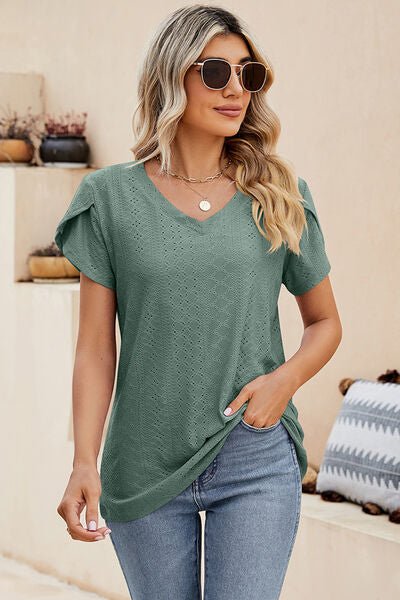 Eyelet V - Neck Petal Sleeve T-Shirt - Loulou Boutique