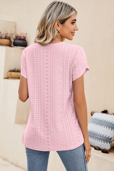 Eyelet V - Neck Petal Sleeve T-Shirt - Loulou Boutique