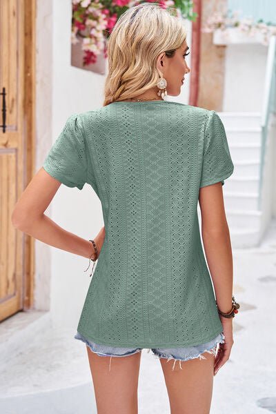 Eyelet V - Neck Petal Sleeve T-Shirt - Loulou Boutique