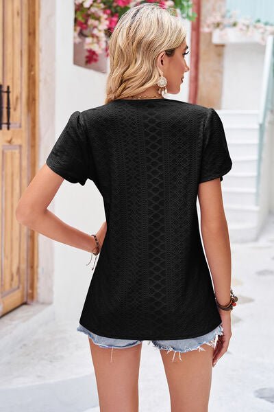 Eyelet V - Neck Petal Sleeve T-Shirt - Loulou Boutique