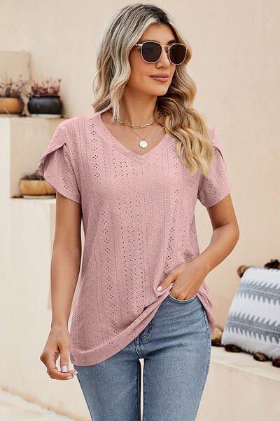 Eyelet V - Neck Petal Sleeve T-Shirt - Loulou Boutique