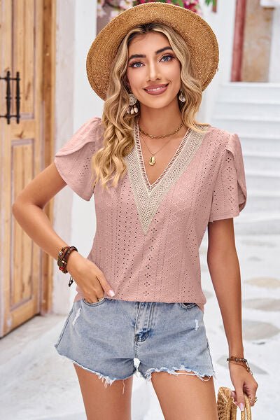 Eyelet V - Neck Petal Sleeve T-Shirt - Loulou Boutique