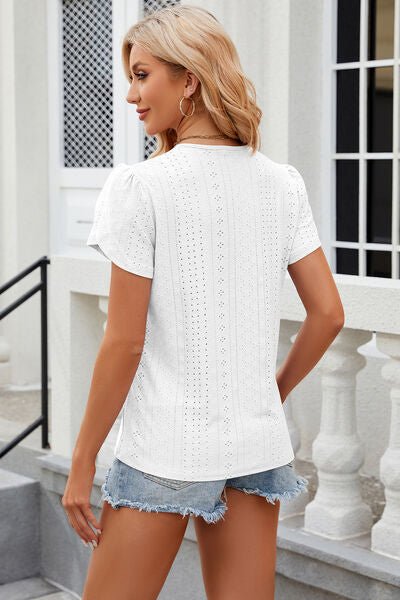 Eyelet V - Neck Petal Sleeve T-Shirt - Loulou Boutique