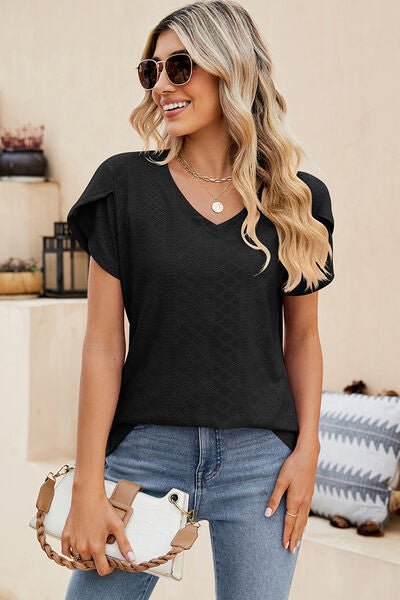Eyelet V - Neck Petal Sleeve T-Shirt - Loulou Boutique