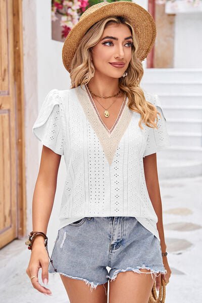 Eyelet V - Neck Petal Sleeve T-Shirt - Loulou Boutique